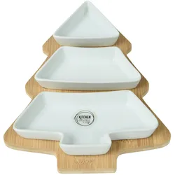 Servierschalen Porzellan mit Holztablett Tannenbaum Form 28x20cm Snackschalen Dipschalen Schalen Set Schälchen Servierplatte Plätzchenteller