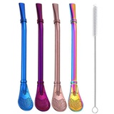 Hoshen Yerba Mate Bombilla Strohhalm-Löffel, 4 Farben, 15,7 cm, Edelstahl-Stroh-Rührlöffel, 1 Reinigungsbürste, mehrfarbig (Regenbogen/Blau/Roségold/Lila)