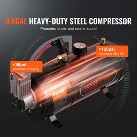 Vevor Zughupen-Set, 4 Trompeten-Lufthupen-Set, 150 dB Zughupen für Pickup-Trucks, 12 V 120 psi Luftkompressor, 3 L Tank mit Manometer für jedes 12 V Fahrzeug, Auto, LKW, Zug, Van, Boot usw. Schwarz