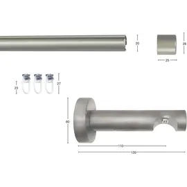 GARESA Gardinenstange Kea silber (mattchromfarben), L:240cm Ø:20mm, Aluminium, Holzwerkstoff, Kunststoff, Gardinenstangen, Vorhanggarnitur, einfache Montage, verlängerbar, Wandmontage, Kappe