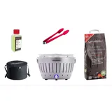 Lotusgrill Starter-Set Classic 1x Grill Silber Metallic mit USB-Anschluß, 1x Buchenholzkohle 2,5kg, 1x Brennpaste 200ml, 1x Würstchenzange (Farbe