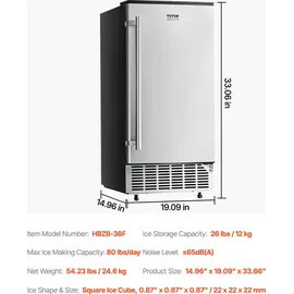 Vevor Untertisch Eismaschine Eisbereitrer Eiswürfelbereiter 36 kg/Tag Unterbau-Eismaschine mit umkehrbarer Tür aus Edelstahl, Eismaschine für gewerbliche Privatküchen, elektrische Entwässerung
