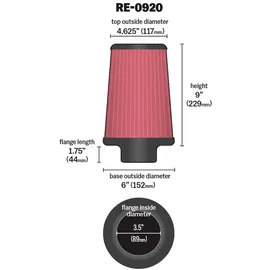 K&N RE-0920 Waschbarer und wiederverwendbarer KFZ und Motorrad Gummi Universalluftfilter
