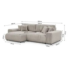 s-style möbel Mollis - Ecksofa mit Schlaffunktion und Bettkasten aus Hellgrau Plüschcord mit schöner Sitzkomfort