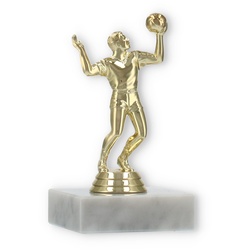 Pokal Kunststofffigur Volleyballspieler gold auf weißem Marmorsockel 11,9cm