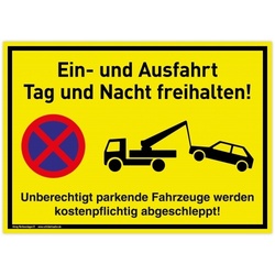 Großes Schild Ein- und Ausfahrt | PVC 42x30 cm | Tag und Nacht freihalten Unberechtigt parkende Fahrzeuge werden kostenpflichtig abgeschleppt | gelb