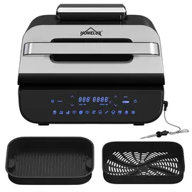 Homelux Foodi Grill & Heißluftfritteuse, 6-in-1 Airfryer Elektrischer mit Temperaturfühler, Touch-Steuerung, Max 230°C, 120-Minuten Timer, 1700W - Silber