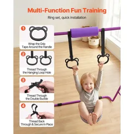 Vevor Gymnastikstange für Kinder mit 63,5 kg Tragkraft, Klappbares Turnreck mit Turnringen, Höhenverstellbare Turnstange für Indoor- und Outdoor-Training, Heimtrainingsgerät für Kinderturnen, Lila