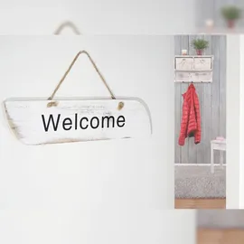 Mendler Wandschild Welcome, Dekoschild Holzschild, Shabby-Look 10x43x1cm ~ weiß