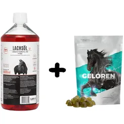 LAB-V Lachsöl für Pferde 1000ml + GELOREN HA Gelenkunterstützungsgel für Pferde 450G