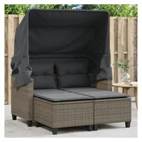 vidaXL Gartensofa 2-Sitzer mit Dach und Hockern Grau Poly Rattan