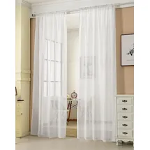 Woltu 2er Set Gardinen, Vorhänge für Wohnzimmer Kinderzimmer Schlafzimmer, mit Kräuselband, Leinenoptik, Halbtransparent Voile, 140 x 175 cm, Weiß