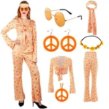 Gigquake Hippie Kostüm Damen Set, Hippie Kleidung Zubehör 60er 70er Jahre Outfit Frau Faschingskostüme Hippie Bekleidung Oberteil Accessoires, 70er Schlaghose für Karneval Mottoparty Disco Cosplay