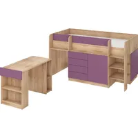 FurnitureByJDM Kompaktes, Modernes Hochbett mit Schreibtisch, Schubladen und Bücherregal – Smile R – (Eiche Sonoma/Violett)