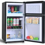 MERAX Table Top Kühlschrank Kühl-/Gefrierkombination BCD-100,Mini-Kühlschrank mit LED und verstellbaren Ablage,Tür mit Glasdekor, 86.5 cm hoch ... - Schwarz