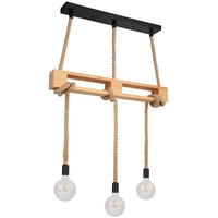 GLOBO Hängeleuchte Holzlampe Pendellampe Vintage Holz Esstischlampe mit Hanfseilen, Metall schwarz natur, 3x E27, LxBxH 83x10x120 cm