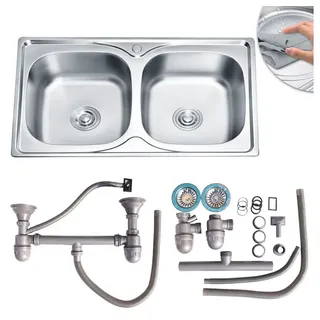 MuCoLa Einbauspüle Doppelspülbecken Einbauspüle Edelstahlspüle Spüle 2 Becken + Zubehör, Rechteckig, 80/50 cm, 2 Becken, (Stück), Edelstahl silberfarben