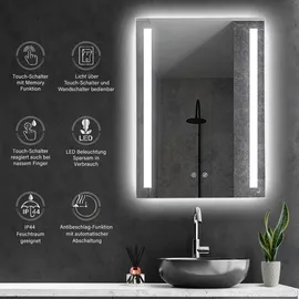 Hoko LED Badspiegel Wandspiegel 50x70cm + Anti-Beschlag - Lichtfarbe stufenlos einstellbar - Touch - Wandschalter - Speicherfunktion IP44 Koblenz - Transparent