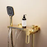 Generisch Badewanne Armatur Badewannenarmatur Wasserfall Badarmaturen Badewannen Mischbatterie Wandmontage Badewannenarmatur mit 3 Modi Handbrause Gold