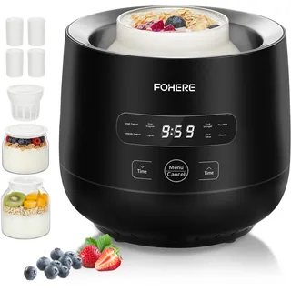 FOHERE Joghurtbereiter, Joghurt inkl. 2 XXL Glasbehälter 2000 ml und 1400 ml, 4 Keramik Portionsbecher à 125 ml, 8 Voreingestellte Programme, Maker für Griechischer Joghurt, Käse, Natto, Reiswein