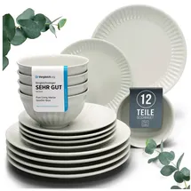 PURE LIVING INTERIOR DESIGN Steingut Geschirrset 4 Personen Hygge 12 tlg. TESTSIEGER, Traumhaftes Skandinavisches Steingut Geschirr Set, Schüssel- und Teller Set, Tafelservice 4 Personen, Geschirrsets Pure Living in Beige