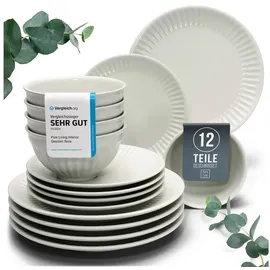 PURE LIVING INTERIOR DESIGN Steingut Geschirrset 4 Personen Hygge 12 tlg. TESTSIEGER, Traumhaftes Skandinavisches Steingut Geschirr Set, Schüssel- und Teller Set, Tafelservice 4 Personen, Geschirrsets Pure Living in Beige