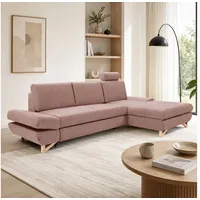 Goldstoff Ecksofa "LUCIA" mit Schlaffunktion und Bettkasten; Modernes Schlafsofa, 1 Teile, L Sofa Couch mit Relaxfunktion, verstellbaren Kopfstützen rosa