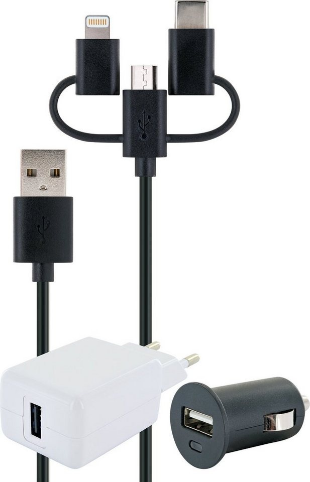 Schwaiger LSET1300 513 Smartphone-Kabel, USB 2.0 A Stecker, USB Micro B Stecker, Apple® Lightning Adapter, USB 3.1 C Adapter, (100 cm), inklusive Ladeadapter schwarz|weiß