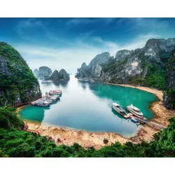 Fototapete PAPERMOON "BUCHT-VIETNAM MEER SEE FLUSS GEBIRGE WALD HIMMEL SONNE", bunt, B:4,50m L:2,80m, Vlies, Tapeten