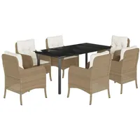 VidaXL 7-tlg. Garten-Essgruppe mit Kissen Beige Poly Rattan