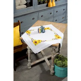 Vervaco Kreuzstich Stickpackungen Tischdecke Sonnenblumen Stickdecken Vorgezeichnet Basteln Erwachsene Kreativ Set Vorgedruckte Decke Sticken 80 x 80 cm Stickset DIY Sticken Set