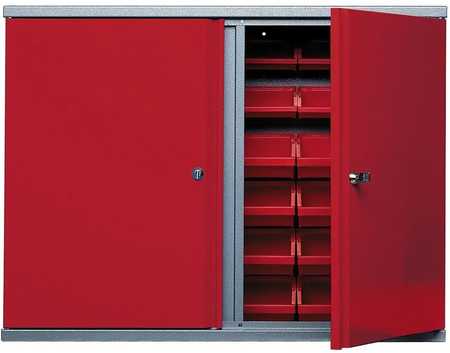 Hängeschrank mit 36 Sichtboxen, HxBxT 600 x 800 x 160 mm, rot