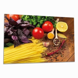Wallario Herd-Abdeckplatte Italienisches Menü mit Spaghetti, Tomaten, Basilikum und Gewürzen, ESG-Sicherheitsglas, (Glasplatte, 1 tlg., inkl. 5mm Noppen), verschiedene Größen gelb 80 cm x 52 cm