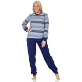 Normann Pyjama Damen Frottee Schlafanzug mit Bündchen in elegantem Streifendesign blau 52-54