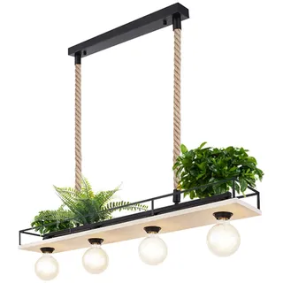 GLOBO Hängelampe Holzleuchte Deckenleuchte Wohnzimmer Pendelleuchte mit Hanfseil, Metallrahmen mit Ablage schwarz, 4x E27, LxH 95x120 cm