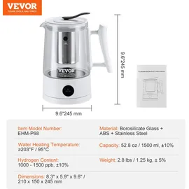 Vevor Wasserstoff-Wasserkrug-Generator, 1,5 L Wasserstoffgenerator-Wasserkocher mit Großer Kapazität, SPE- und PEM-Technologie, Wasserstoffreicher Wasserionisierer zum Aufbrühen von Kaffee oder Tee