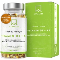 Vitamin D3 K2 hochdosiert mit nativem Olivenöl - Vitamin D hochdosiert 2000 IE + Vitamin K2 MK7 100μg - Sonnenvitamine Vitamin D K2 GMO-, gluten- und laktosefrei 180 Vitamin D3 K2 Kapseln hochdosiert