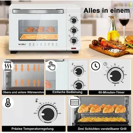 Woltu Mini Backofen 21 L, elektrischer Minibackofen, Miniofen, Pizzaofen, 1280 W, 100-230 °C, Timer 60 Min., Ober-/Unterhitze, Doppelverglasung, Weiß