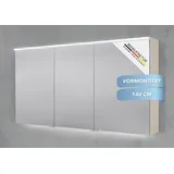 Intarbad Badezimmerspiegelschrank 3-türiger Spiegelschrank mit MULTI LED Beleuchtung, stufenlos dimmbar (Doppelspiegeltüren, Holz-/ Lackdekore, Maße von 90 bis 180 cm wählbar, Höhe 71,8 cm, Glasfachböden, Magnetleiste & Kosmetikspiegel Ø 12 cm) Vormontierte Lieferung, Floatglas, 160 kg Traglast, Made in Germany beige 140 cm x 71,8 cm x 13,5 cm