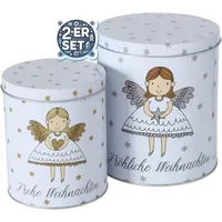 CasaJame 2er Set Metall Keksdose Plätzchendose weiß mit Engel Fröhliche Frohe Weihnachten goldene silberne Sterne sortiert H13-16cm