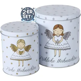 CasaJame 2er Set Metall Keksdose Plätzchendose weiß mit Engel Fröhliche Frohe Weihnachten goldene silberne Sterne sortiert H13-16cm
