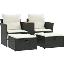 vidaXL Gartensofa 2-Sitzer mit Hockern Schwarz Poly Rattan