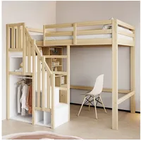 Flieks Hochbett Kinderbett 90x200cm mit Stauraumtreppe, Schreibtisch und Regal beige