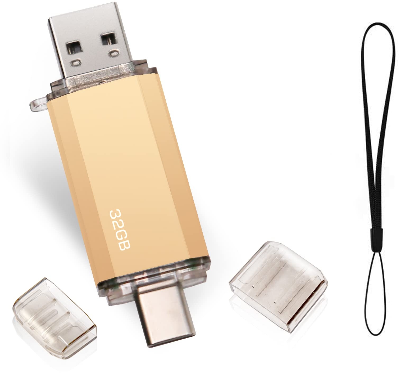 Type C USB Stick 32 GB, OTG USB C Memory Stick 32 GB 2-in-1 Type C Flash Drive 32 GB Mini Memory Stick External Pen Drive for MacBook Pro, Android Mobile Phone, Pad, Laptop and Computer (Gold)