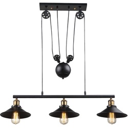 Pendelleuchte Zugpendelleuchte Hängelampe Metall, schwarz, Höhe verstellbar, 4 Rollen, Landhaus Stil 3x E27 Fassungen, LxBxH: 92x8x180 cm