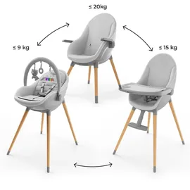 Kinderkraft FINI UP Hochstuhl 3 in 1, Baby Hochstuhl mit Wippe, mitwachsend bis 20 kg, verstellbares Tablett, 5-Punkt-Gurt, Neugeborenen-Einlage, Holzbeine, Grau