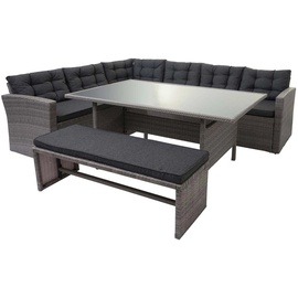 MCW Poly-Rattan-Garnitur MCW-A29, Gartengarnitur Sitzgruppe Lounge-Esstisch-Set Sofa grau, Kissen grau Bank