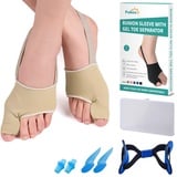 Puikos Hallux Valgus Zehenspreizer Zehen Separator Set, 1 Paar Hallux Valgus Socken Bunion Corrector, 1 Stück Big Toe Strap und 2 Stück Zehenspreizer für Damen Herren (1 Zehen/Groß, Beige)