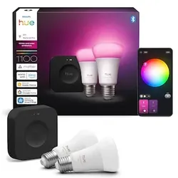 Philips Hue Starter Kit: Hue Bridge Pro + 2 E27, White and Color Ambiance, kompatibel mit gängigen Smart-Home-Assistenten