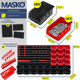 Masko MASKO® Wandregal + Stapelboxen + Werkzeughalter 45 tlg Box Erweiterbar Werkstattregal Lagerregal Steckregal, Set Box Sichtlagerkästen Schüttenregal Hängeregal Sortimentskasten Kleinteilemagazin